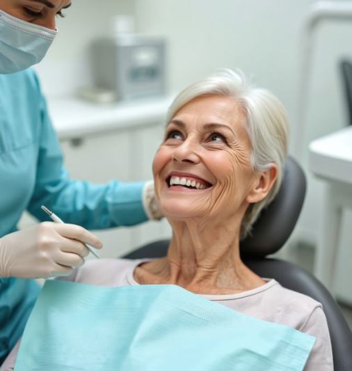 Senior patient looking at dental team member